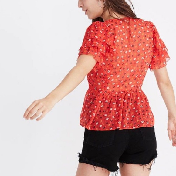MADEWELL Tiered Sleeved Red Peplum Top In Metallic Prairie Posies NEW - Picture 3 of 9